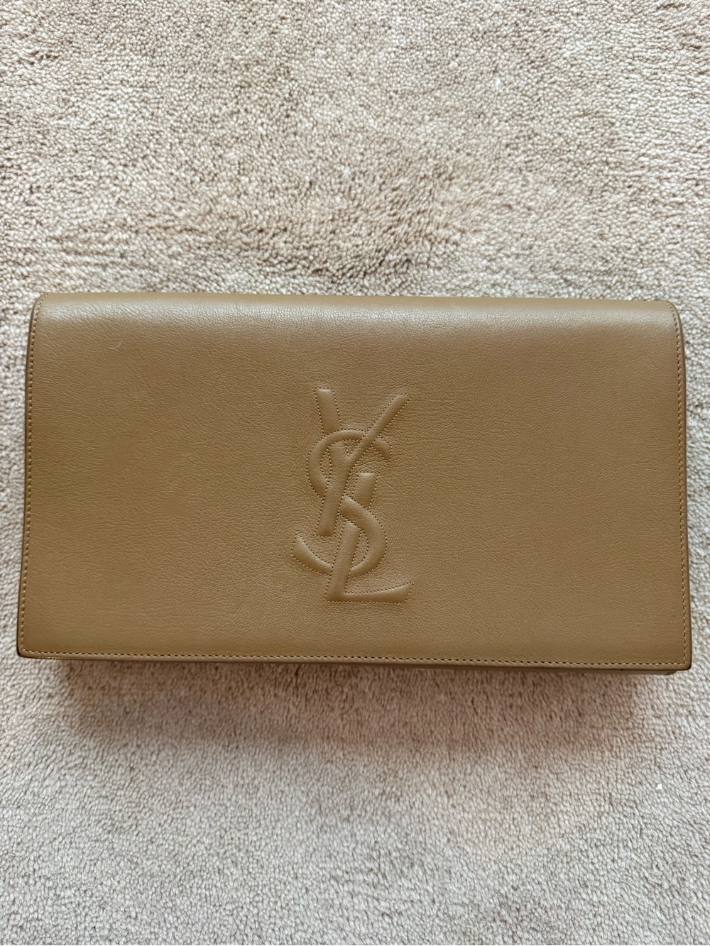 Saint Laurent Camel Leather Envelope Clutch with Embossed YSL